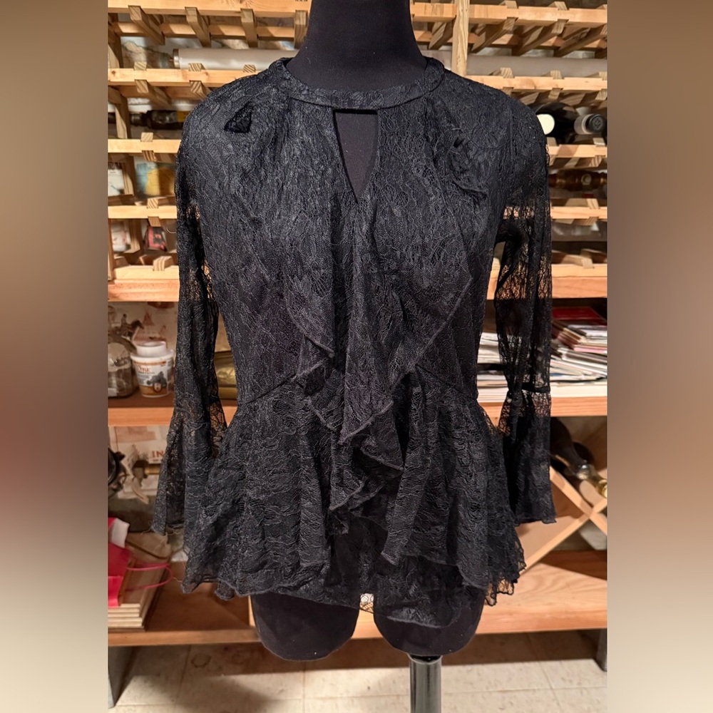 NWT Isaac Mizrahi Black Lace Ruffle‎ Peplum Blouse